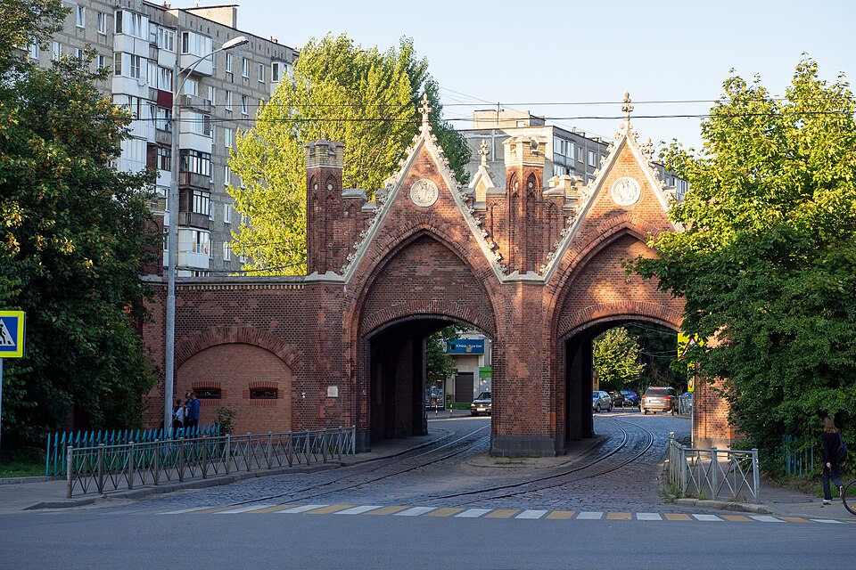 The Brandenburg Gate in Kaliningrad, a former Prussian landmark in a Russian city surrounded by EU nations, architectural evidence of the layered history this exclave carries