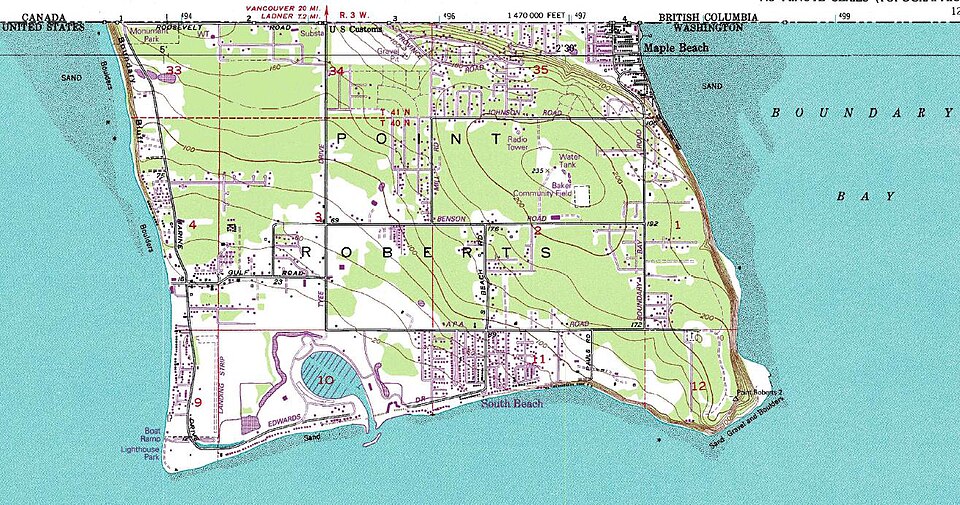 A USGS map of Point Roberts, Washington, clearly showing the peninsula detached from the rest of the United States by the Canadian border at the 49th parallel