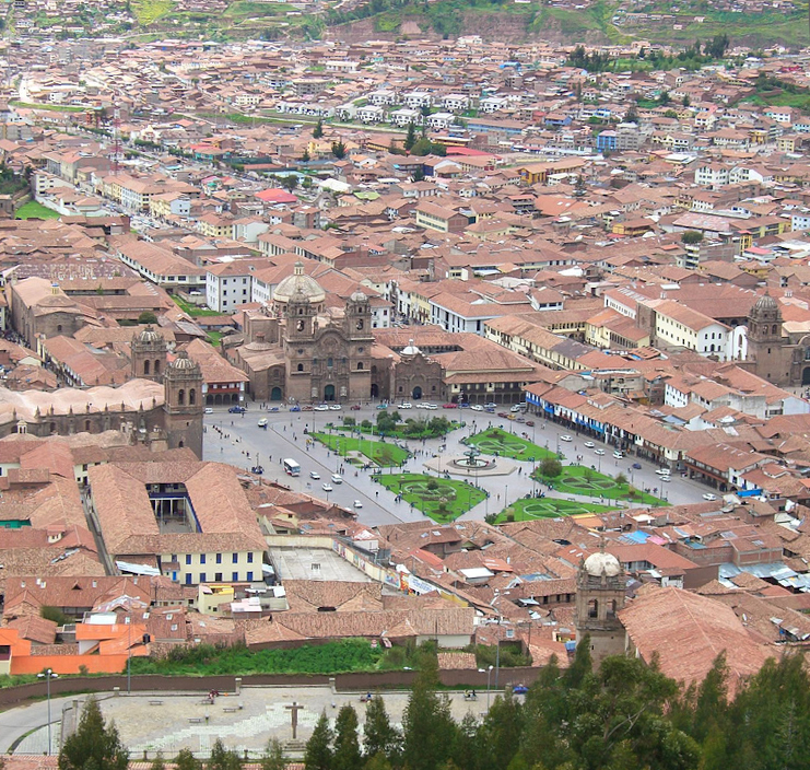 Cusco Peru Plaza de Armas with colonial cathedral and mountains behind, at 3400 metres altitude