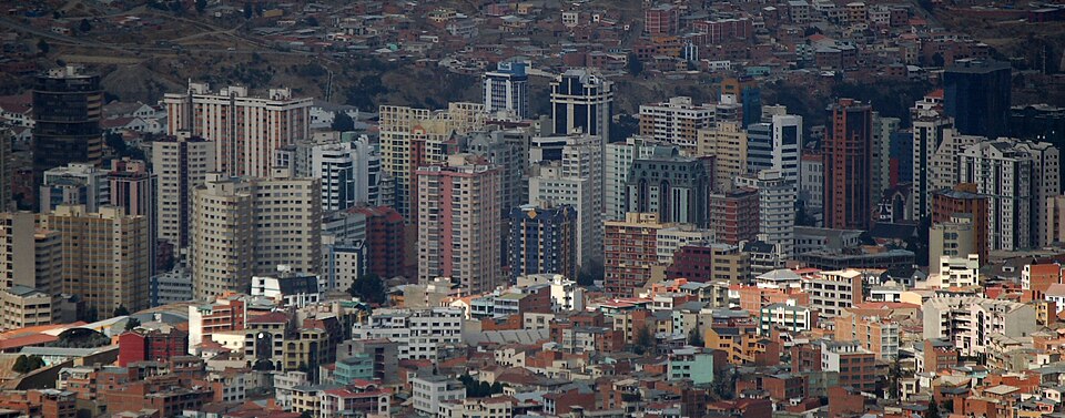 La Paz Bolivia city centre at 3640 metres, the world's highest administrative capital, surrounded by Andean peaks