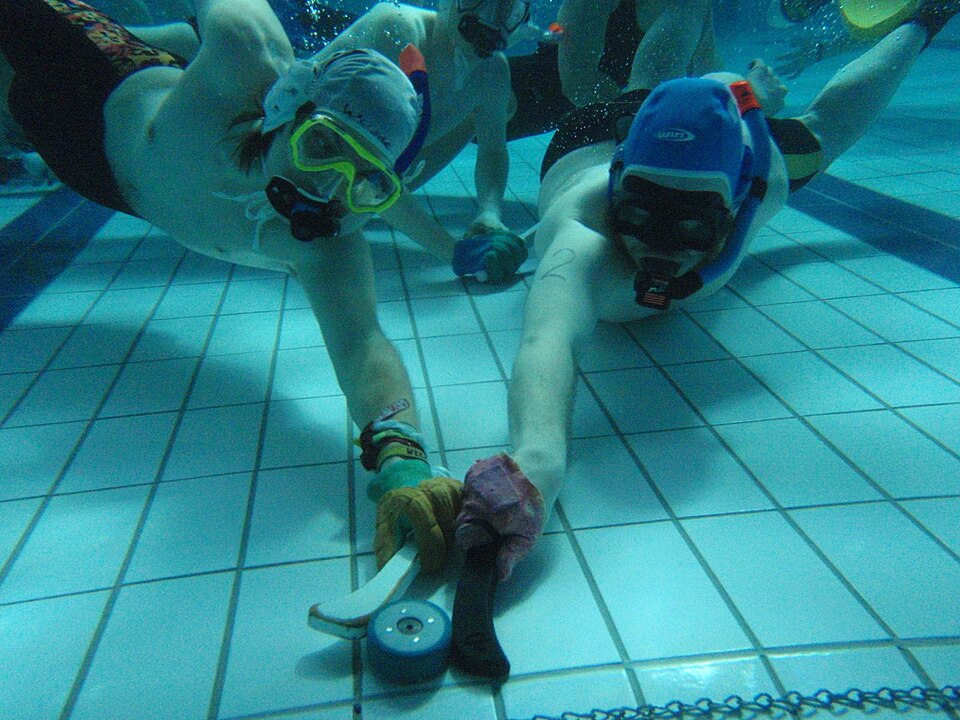 Underwater hockey players competing on the bottom of a swimming pool, pushing a puck with short sticks