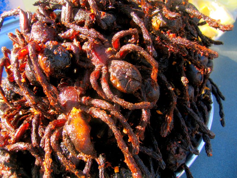 Deep-fried tarantulas piled on a tray as street food in Skuon, Cambodia
