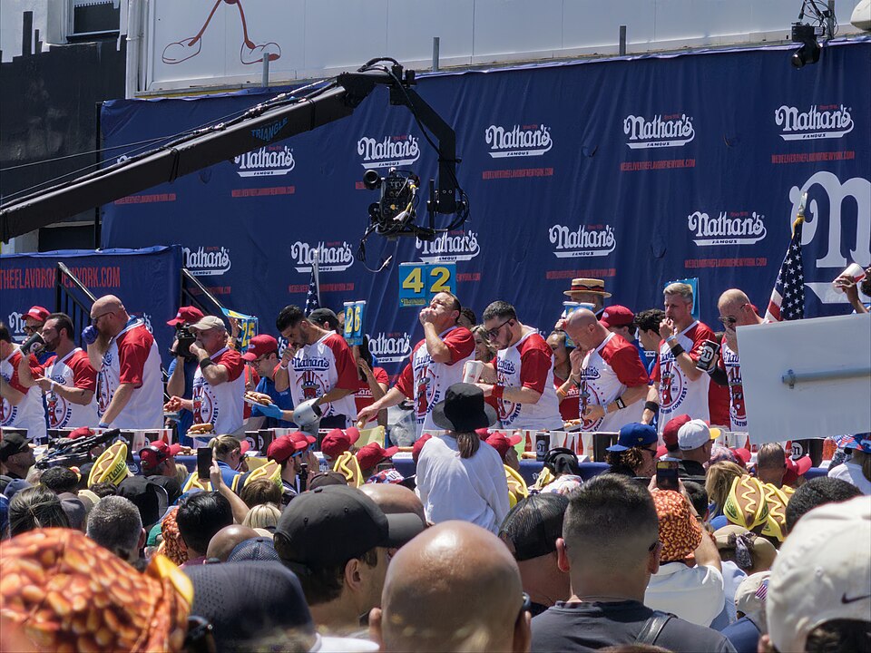 A competitor at the Nathan's Famous Fourth of July hot dog eating contest on Coney Island