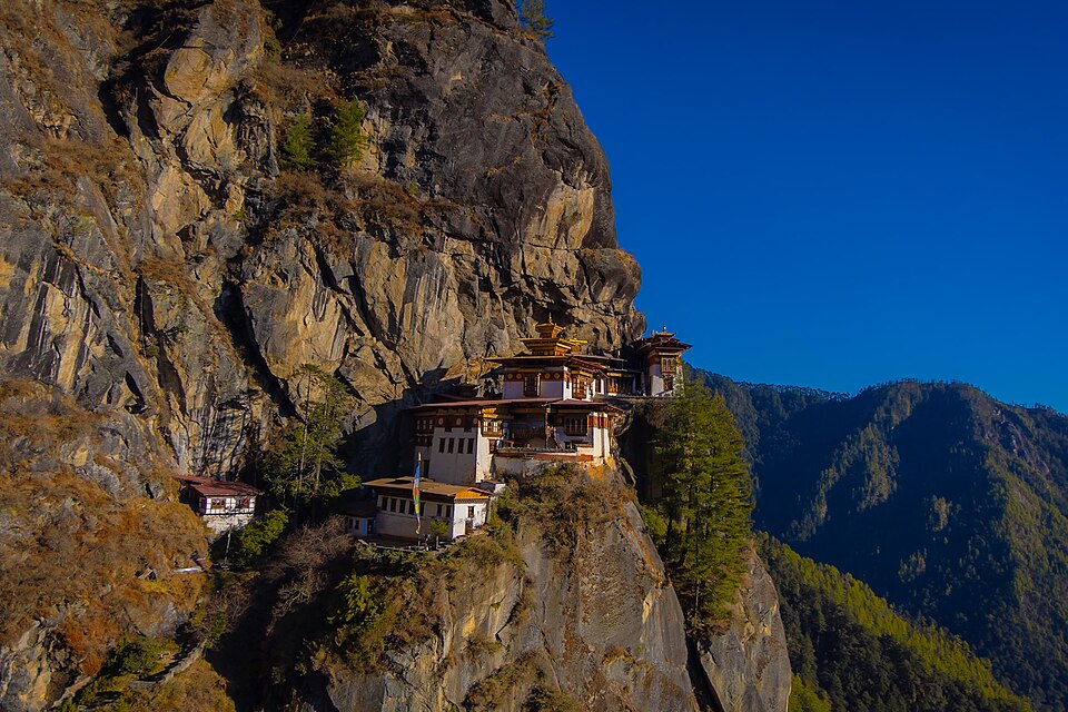 Taktsang Monastery, the Tiger's Nest, perched on a cliff face in Bhutan - the country's high-fee tourism model deliberately limits visitor numbers