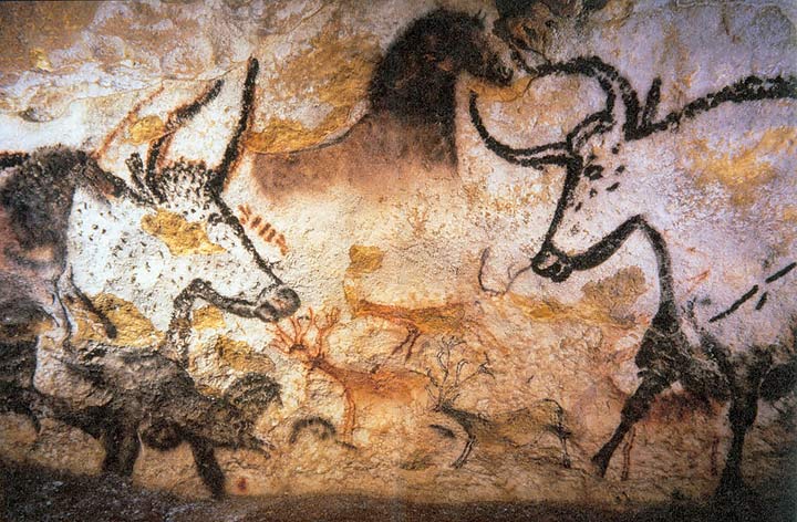 Reproduction of cave paintings from Lascaux, France - the original caves have been closed to the public since 1963 to prevent further damage from tourists' breath