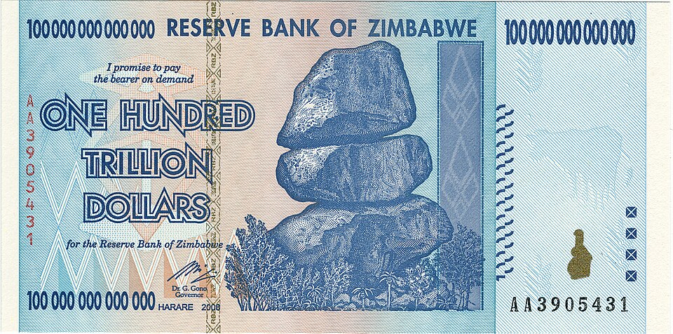 Zimbabwe one hundred trillion dollar banknote from the 2009 hyperinflation era