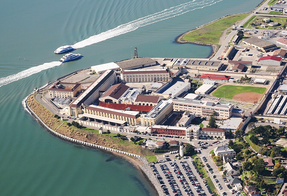 Aerial view of Alcatraz Island federal penitentiary in San Francisco Bay