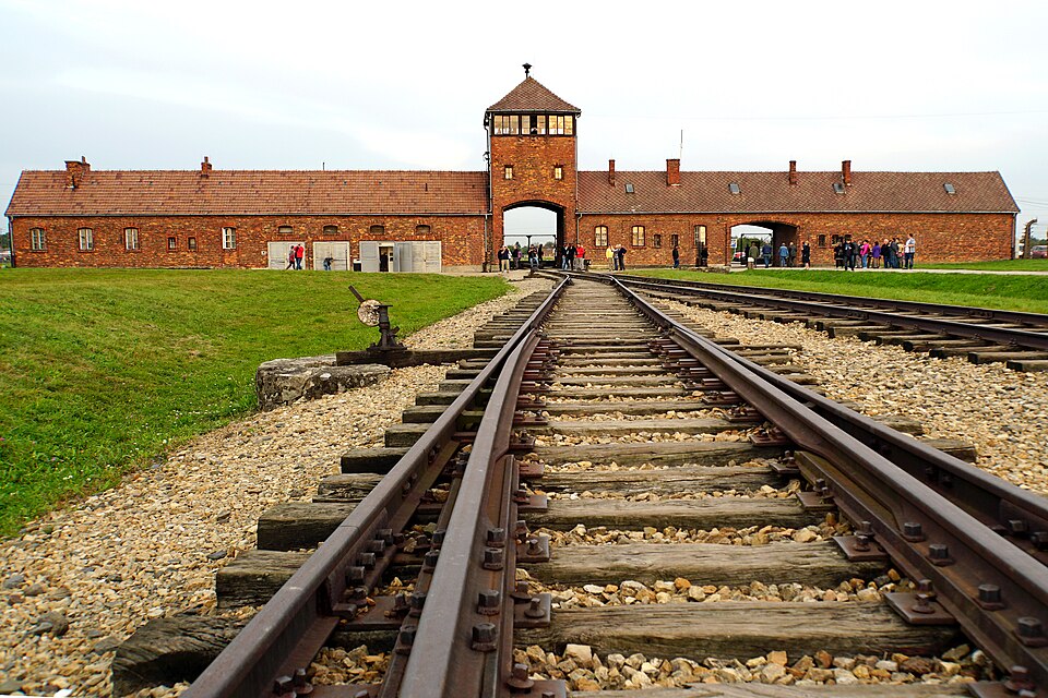 The railway gate and main entrance to Auschwitz-Birkenau concentration camp in Poland