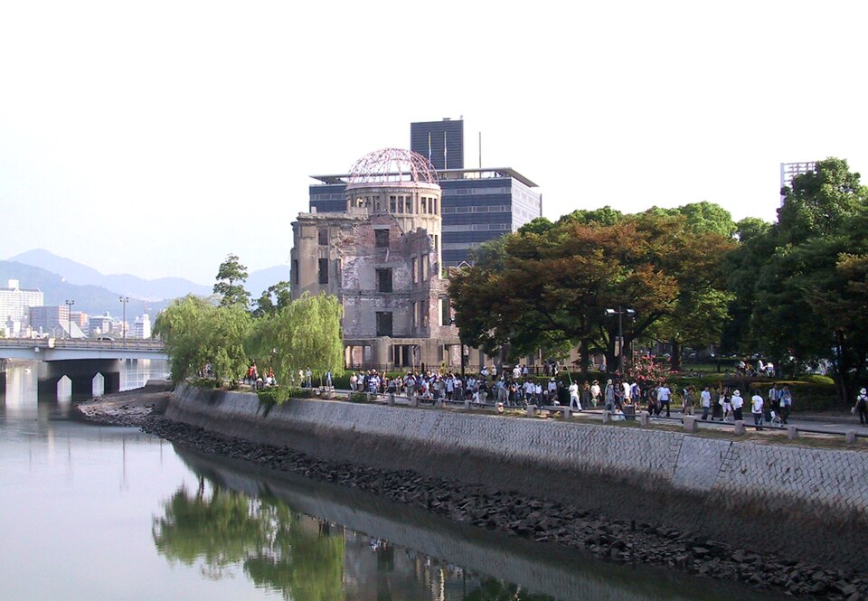 The preserved skeletal dome of the Hiroshima Peace Memorial standing beneath the atomic bomb hypocentre