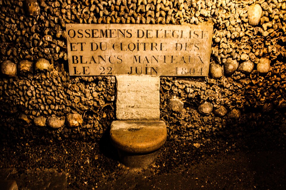 Walls of stacked human bones and skulls in the Catacombs of Paris ossuary