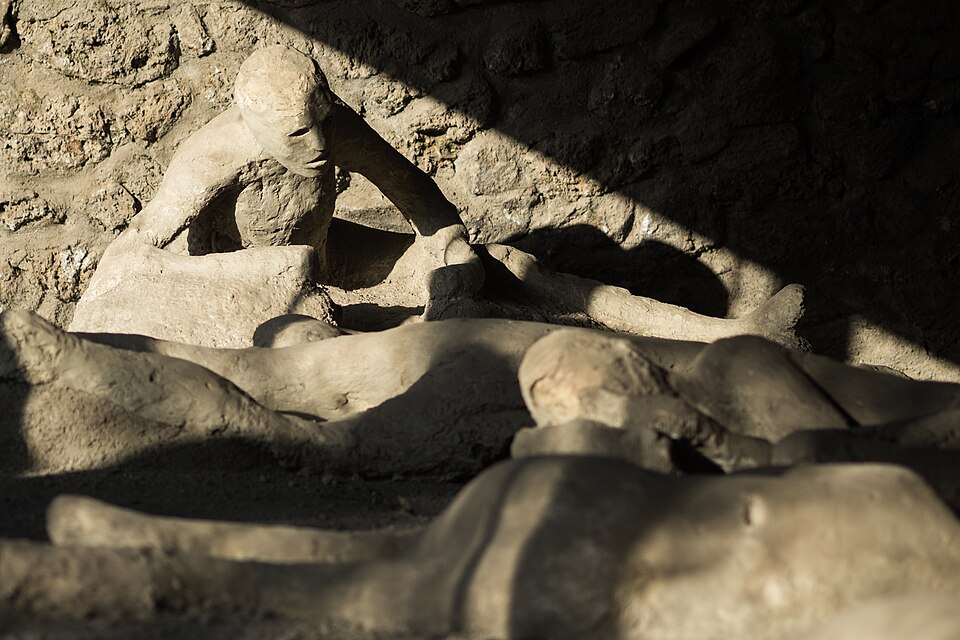 A plaster cast of a victim of the Pompeii eruption preserved in their final position