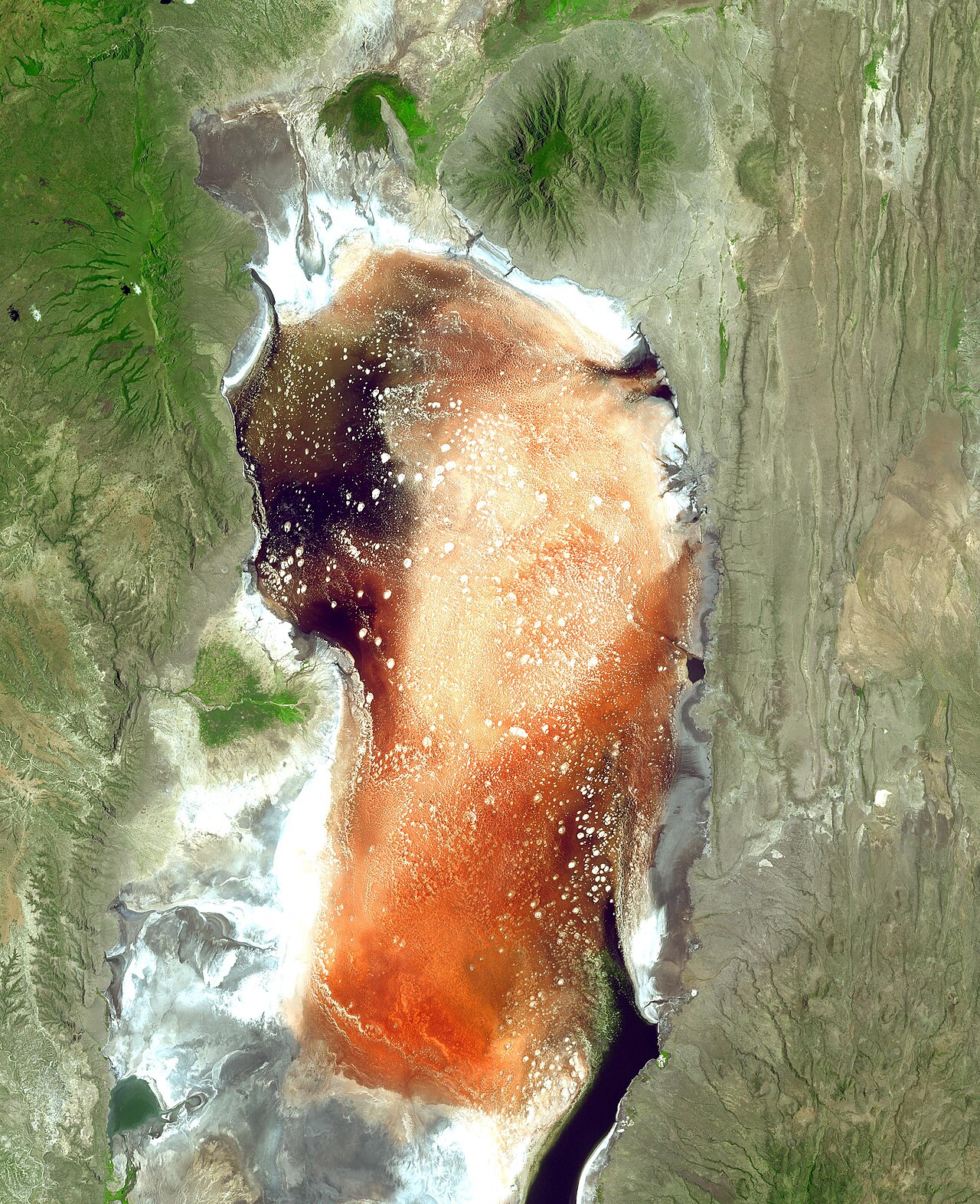 Aerial view of Lake Natron in Tanzania showing the red and orange patterns of its highly alkaline salt-crusted water