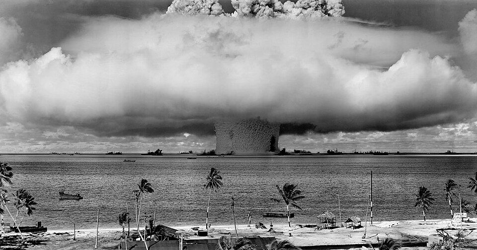 The Baker nuclear test detonation at Bikini Atoll in 1946, a column of water rising from the lagoon