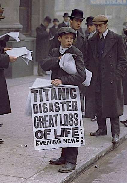 Newspaper front page announcing Titanic disaster with photo of the ship