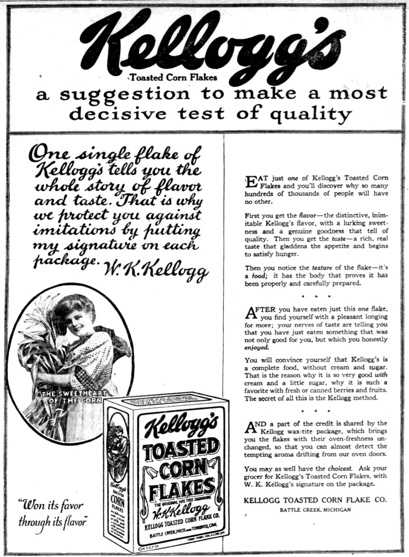 A 1919 Kellogg's Toasted Corn Flakes advertisement from the early years of the product