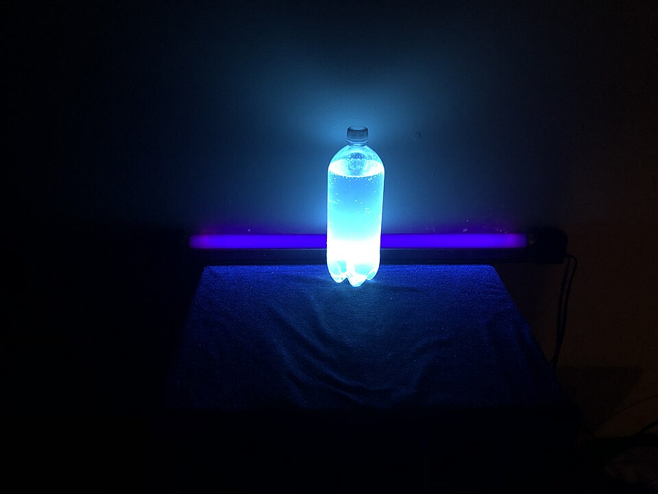 A bottle of tonic water illuminated with ultraviolet light, showing the fluorescent glow of quinine