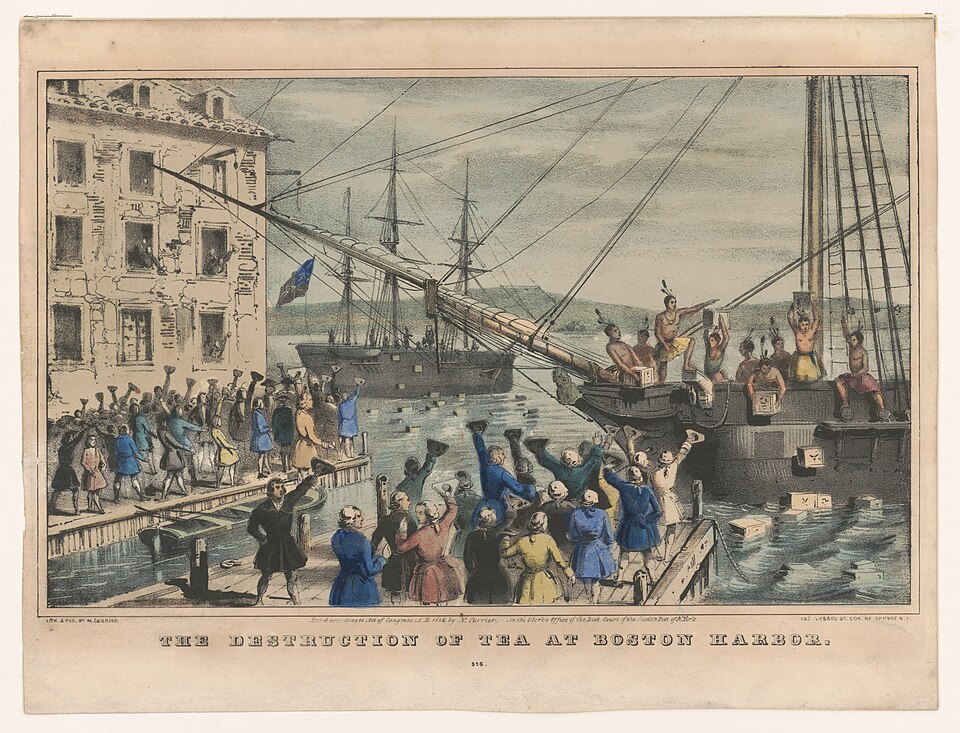 Historical illustration of the Boston Tea Party, 1773 - the night three hundred and forty-two chests of tea and the British Empire's relationship with its colonies both went overboard
