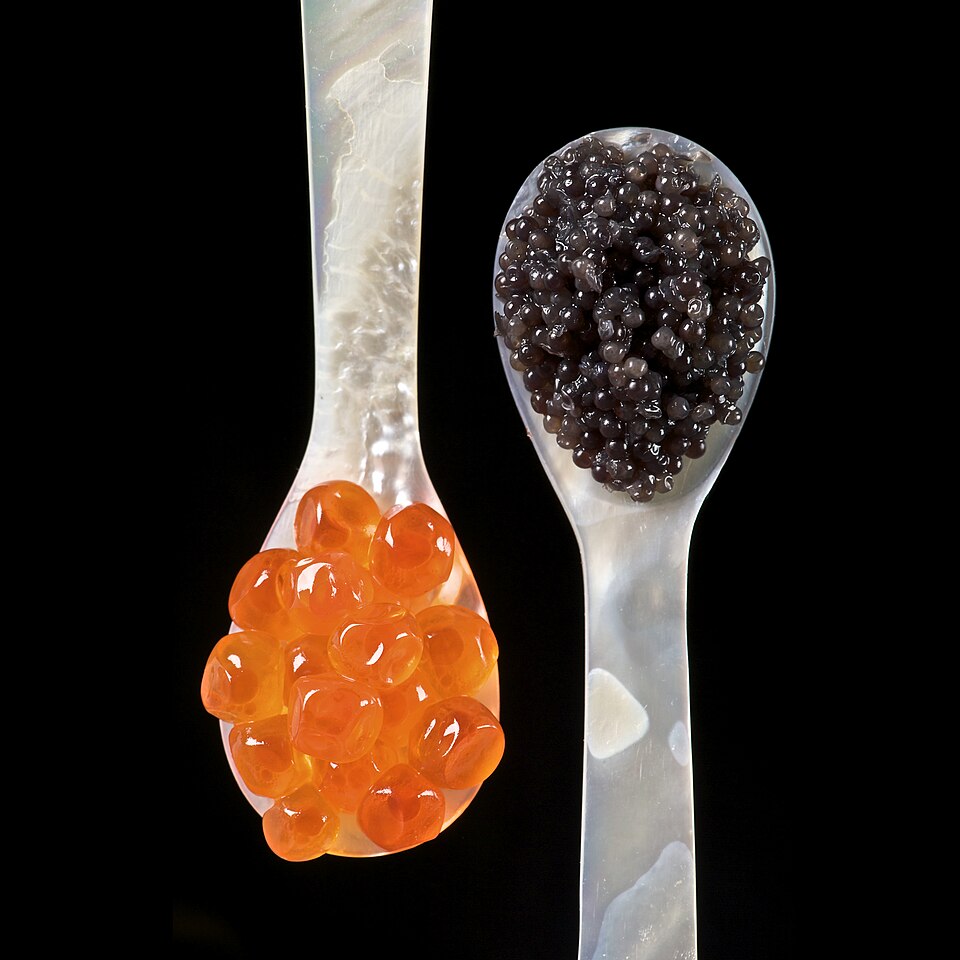 Black caviar served on a spoon - a substance that was once put out on bar counters to encourage beer consumption, and is now priced accordingly.