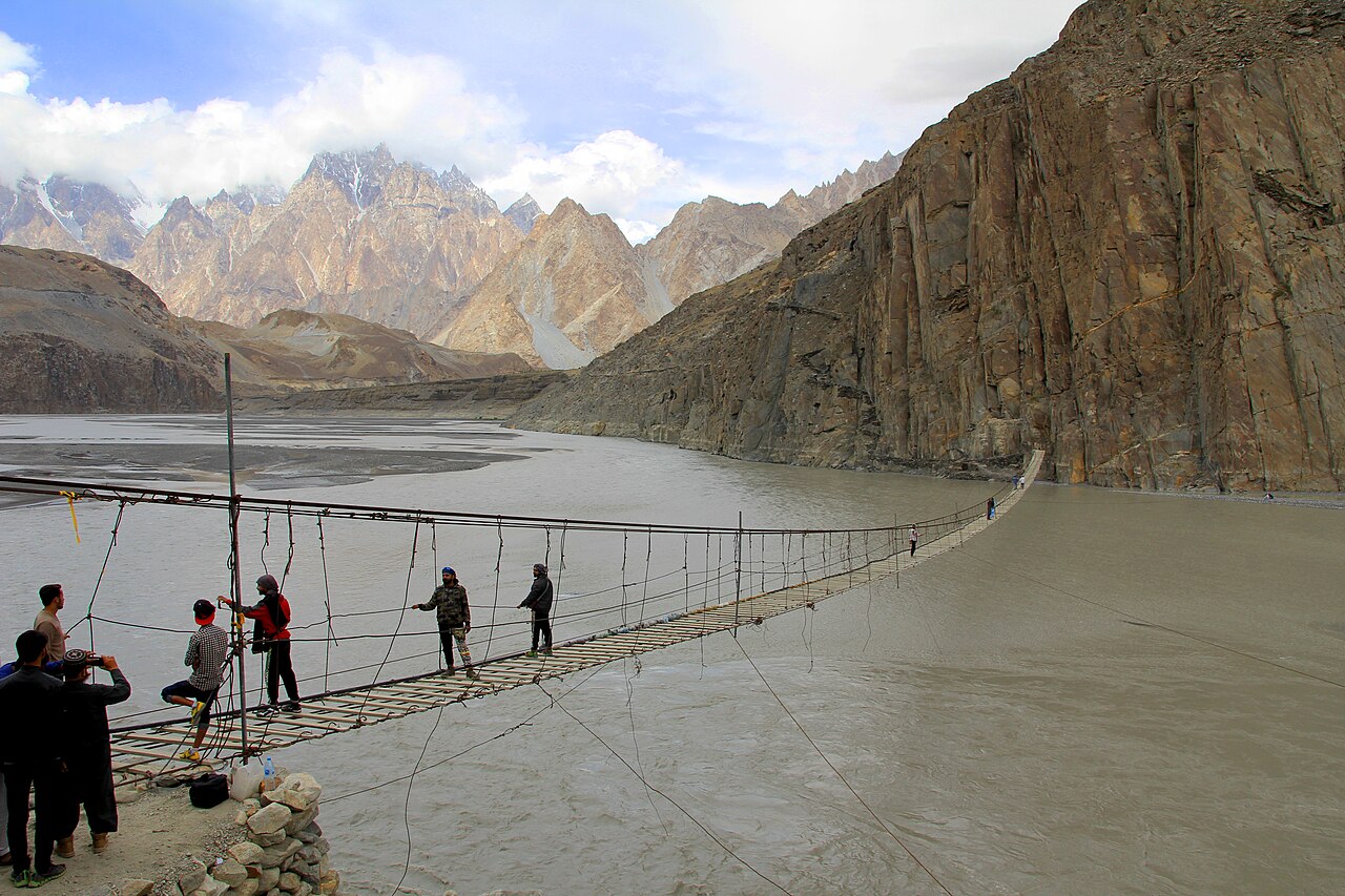 The Hussaini hanging bridge, a plank-and-cable suspension bridge over the Hunza River in Pakistan