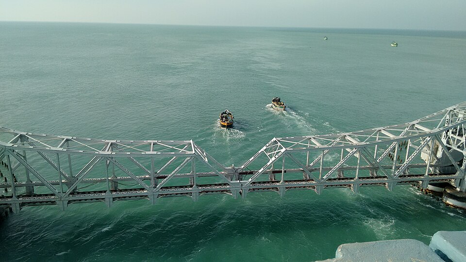 The Pamban Bridge railway viaduct connecting mainland India to Rameswaram Island