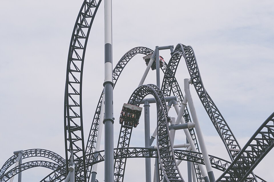 Vertical drop on the Takabisha roller coaster at Fuji-Q Highland in Japan