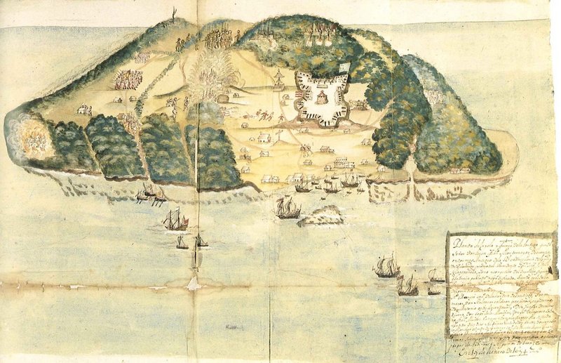 Historical map of Tortuga island, Haiti, showing the 17th century pirate stronghold