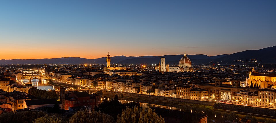 Panoramic view of Florence at dusk from Piazzale Michelangelo with the Duomo illuminated