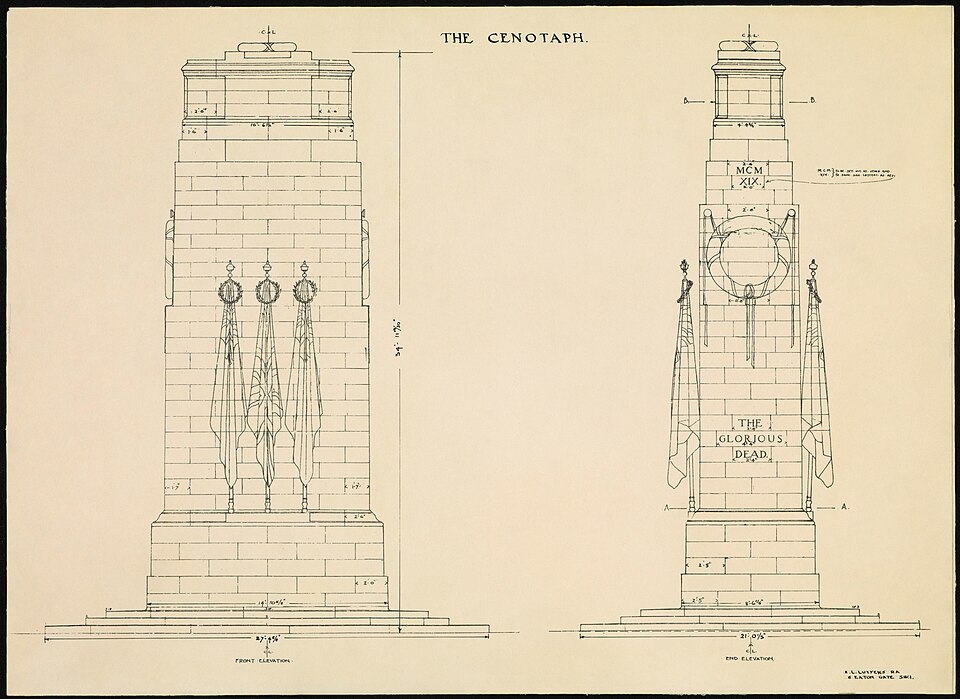 Edwin Lutyens' measured pencil sketch of the Cenotaph with construction lines and annotations