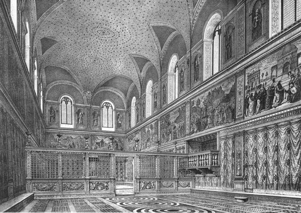 Interior of the Sistine Chapel in the Vatican showing Michelangelo's famous ceiling fresco