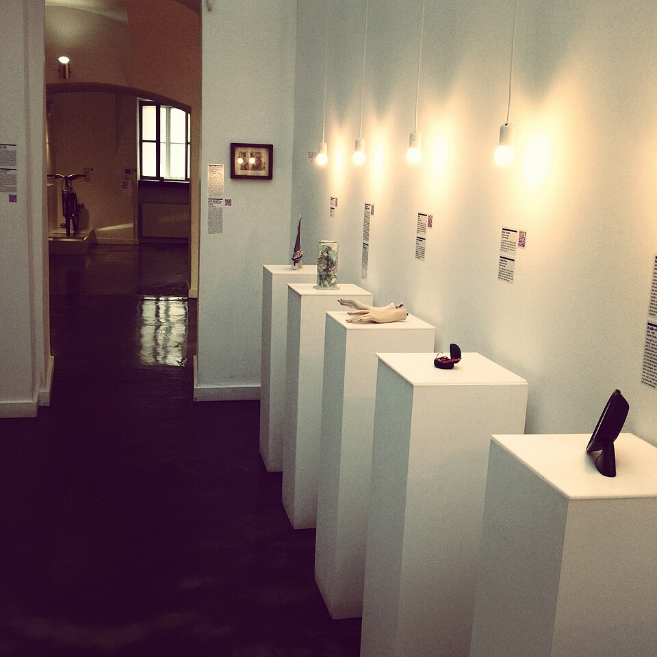 Exhibits at the Museum of Broken Relationships in Zagreb, Croatia, showing personal objects donated by people from ended relationships
