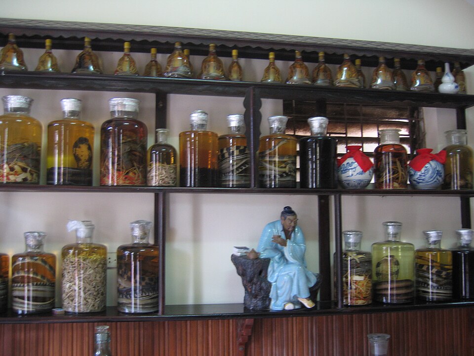 Glass jar of Vietnamese snake wine with a coiled cobra preserved in rice wine, displayed at a market