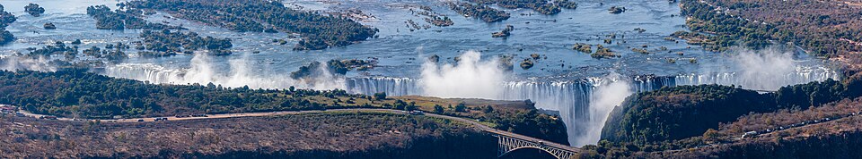 Victoria Falls Bridge spanning the Zambia-Zimbabwe border, site of a 111-metre bungee jump beside the falls